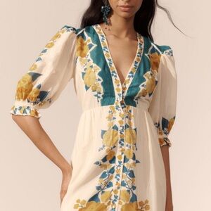 Farm Rio Floral Puff-Sleeve Midi Dress in Yellow and Blue